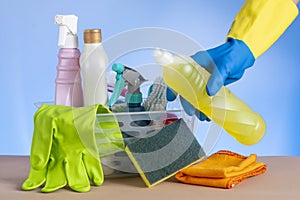 basket with cleaning products for home hygiene use