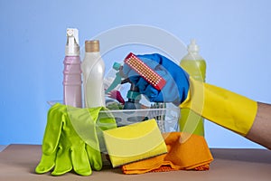 basket with cleaning products for home hygiene use