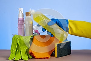 basket with cleaning products for home hygiene use