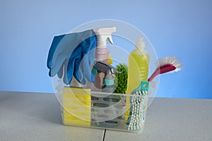 basket with cleaning products for home hygiene use