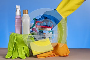 basket with cleaning products for home hygiene use