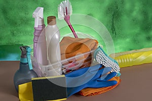 basket with cleaning products for home hygiene use