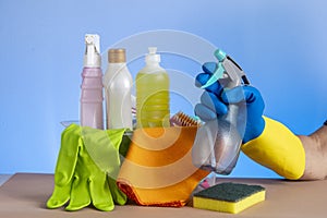 basket with cleaning products for home hygiene use