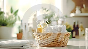 A basket with cleaning products on a light kitchen background