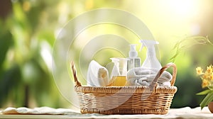 A basket with cleaning products on a natural background