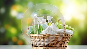 Basket with cleaning products on natural background, copy space