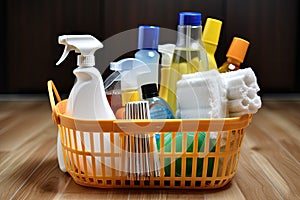 a basket of cleaning products and tools, ready for a thorough cleaning