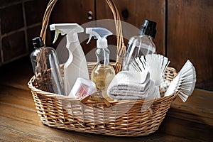 a basket of cleaning products and tools, ready for a thorough cleaning