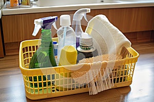 a basket of cleaning products and tools, ready for a thorough cleaning