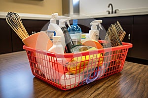 a basket of cleaning products, with a variety of tools and supplies on display