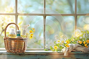 Basket with cleaning products on the window, springtime