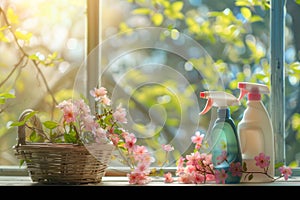 Basket with cleaning products on the window, springtime