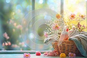 Basket with cleaning products on the window, springtime