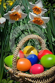 Basket with colored eggs on grass