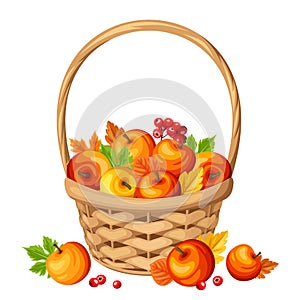 Basket with colorful autumn apples and leaves. Vector illustration.