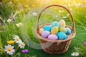 basket of colorful Easter eggs on green grass with spring flowers