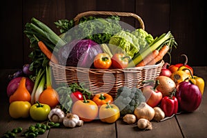 basket of colorful fruits and vegetables, ready to be cooked or juiced