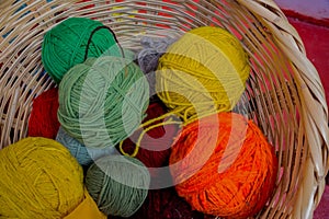 Basket of colorful, naturally dyed wools of Peru