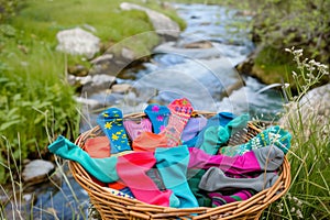 basket of colorful socks and undergarments by a gentle spring