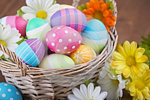 Basket with colourful hand-painted Easter eggs