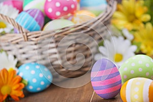 Basket with colourful hand-painted Easter eggs