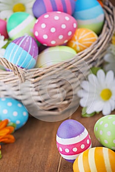 Basket with colourful hand-painted Easter eggs