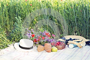 Basket, croissans, plaid and juice in a poppy field