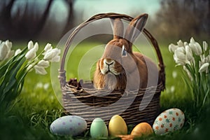 Basket with a cute fluffy rabbit and multi colored Easter eggs