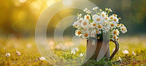 Basket of daisies on a sunny meadow