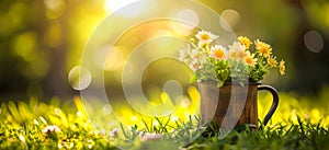 Basket of daisies on a sunny meadow