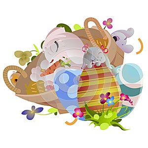 Basket decorated easter eggs on green grass for holiday celebration, spring season colorful lovely bunnies happy Easter