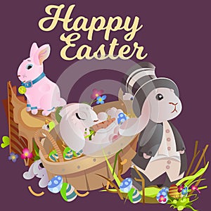 Basket decorated easter eggs on green grass for holiday celebration, spring season colorful lovely bunnies happy Easter