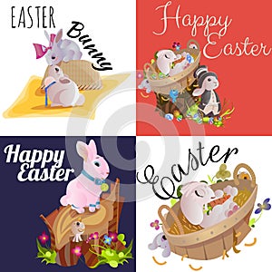 Basket decorated easter eggs on green grass for holiday celebration, spring season colorful lovely bunnies happy Easter