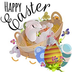 Basket decorated easter eggs on green grass for holiday celebration, spring season colorful lovely bunnies happy Easter