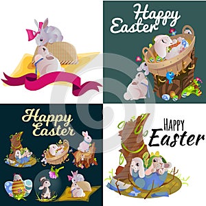 Basket decorated easter eggs on green grass for holiday celebration, spring season colorful lovely bunnies happy Easter