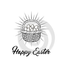 Basket with Easter eggs in beams. Happy Eater text. Vector illustration.