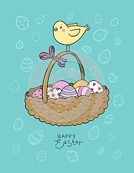 Basket with easter eggs and chicken. greeting card - Vector