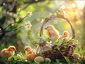 Basket with easter eggs, chicks and spring flowers on green background