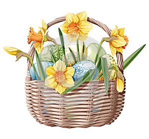 Basket with Easter eggs and daffodils on an isolated background. Vector illustration for Happy Easter. Easter clipart