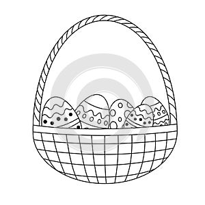 Basket easter eggs in doodle style, vector illustration. Religion holiday in april, spring event. Isolated black element