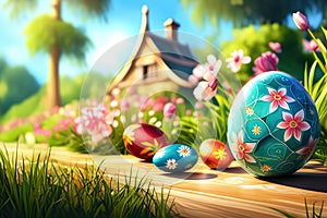 Basket of easter eggs with flowers on the grass in a sunny spring garden..