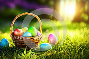 Basket of easter eggs with flowers on the grass in a sunny spring garden.