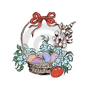 Basket with easter eggs, flowers, lilies of the valley