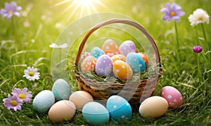 basket of Easter eggs on green grass with spring flowers at sunny day