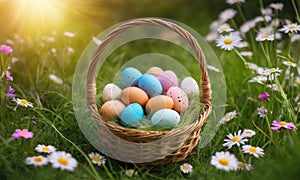 basket of Easter eggs on green grass with spring flowers at sunny day
