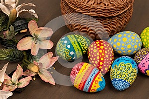 Basket, Easter eggs hand painted and flowers