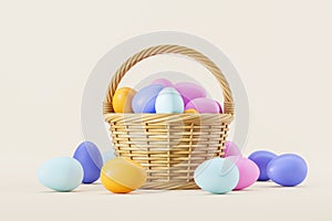 Basket with Easter eggs over yellow