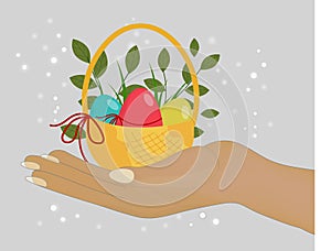 Basket with Easter eggs in the palm of your hand. Human hand holds a gift for Easter. Festive vector composition. Flat cartoon