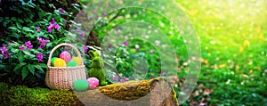 Basket with Easter eggs with rabbit made of grass on a trunk of a mossy tree in the spring forest