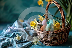 Basket with Easter eggs and spring flowers on blue background